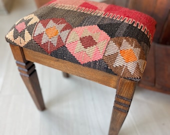 kilim Ottoman stool, Kilim foot rest, Beech wood stool,  Vintage furniture, Ottoman chair, Kilim chair