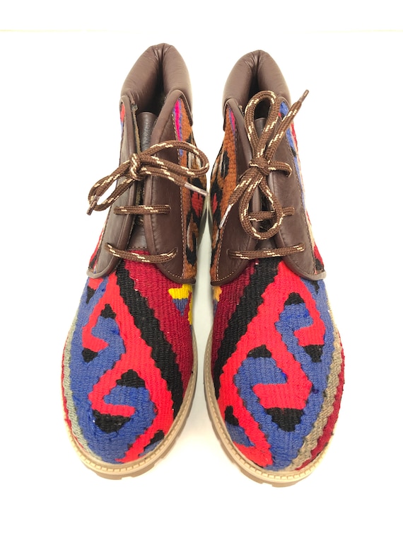 Vintage Kilim Leather Boots, Size 40, Unisex Lace-Up Shoes