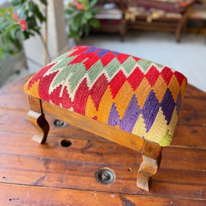 kilim Ottoman stool, Kilim foot rest, Beech wood stool, Vintage furniture, Kilim pouf, Kilim stool, kilim ottoman, Home decor