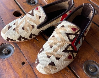 Handmade Kilim Loafers, Vintage Men's Shoes, Leather Slip-Ons (US 8 / EU 41)