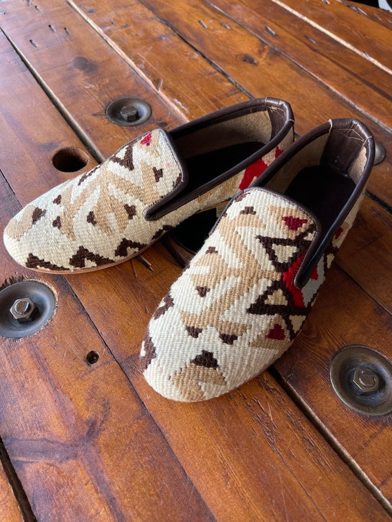 Handmade Kilim Loafers, Vintage Men's Shoes, Leather Slip-Ons (US 8 / EU 41)