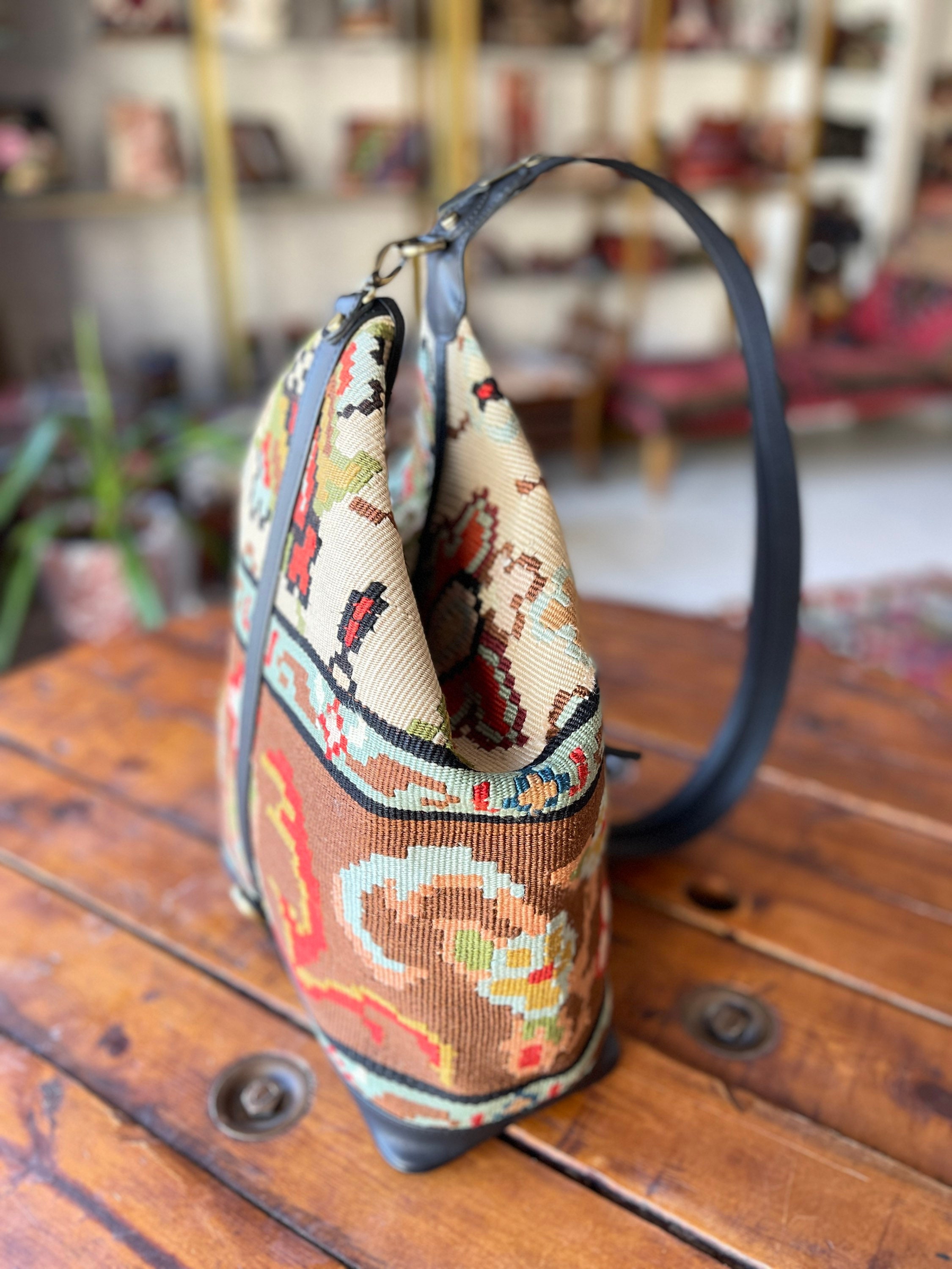 Vintage Kilim Backpack, Large Wool Leather Knapsack - Etsy display picture 3