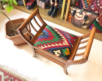 Kilim ottoman marquise chair, kilim Ottoman stool, Kilim Ottoman bench,  Beech wood stool /Vintage furniture / Ottoman chair /Kilim chair