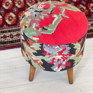 kilim Ottoman stool /kilim chest/Kilim foot rest /Beech wood stool /Vintage furniture /Ottoman chair /Kilim round stool/Kilim ottoman /