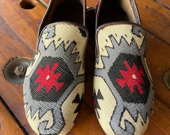 Handmade Kilim Loafers Men, Vintage Leather Slip-Ons (US 8 / EU 41)