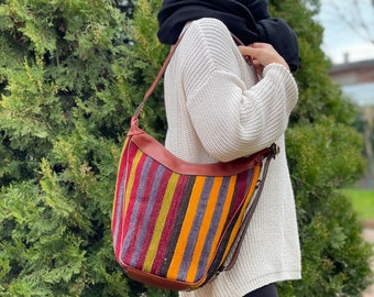 Kilim bag, Sling Bag, Shoulder bag, Crossbody bag, Transforming bag, Vintage Kilim and Genuine Leather, Gift for her, Christmas gift