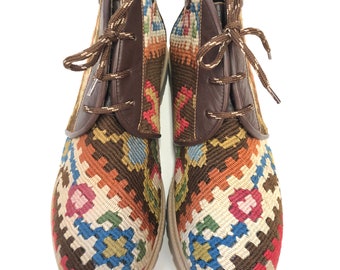 Vintage Kilim Lace Up Boots, Leather Trim, Size 46