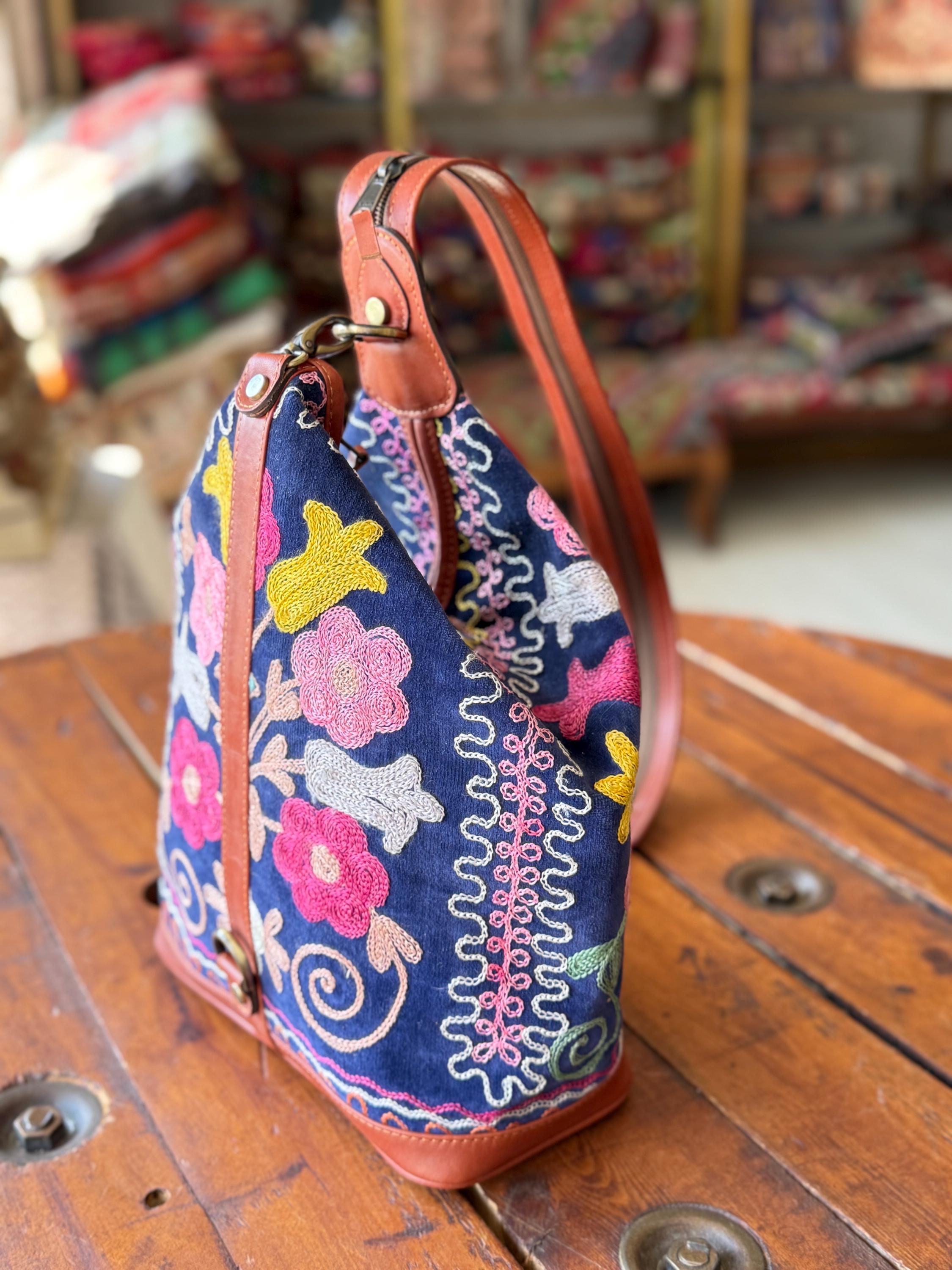 Embroidered Suzani Leather Convertible Bag, Uzbekistan Textile