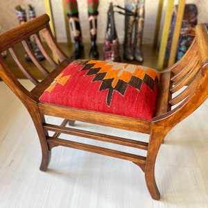 Kilim ottoman marquise chair, kilim Ottoman stool, Kilim Ottoman bench,  Beech wood stool /Vintage furniture / Ottoman chair /Kilim chair