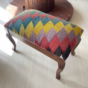kilim Ottoman stool, Kilim Coffee Table, Beech wood stool, Vintage furniture, Ottoman chair, Kilim chair, Stool, Christmas gift
