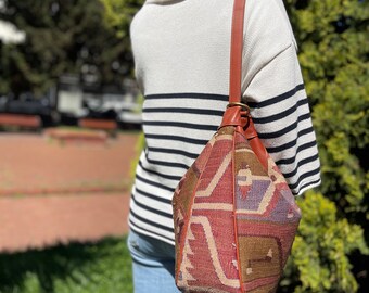 Vintage Kilim Crossbody Bag, Genuine Leather, Wool Sling Bag