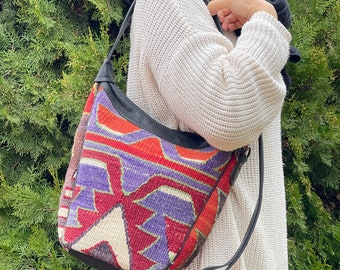 Kilim bag, Sling bag, Shoulder bag, Crossbody bag, Transforming bag, Vintage Kilim and Genuine Leather, Christmas gift, Gift for her