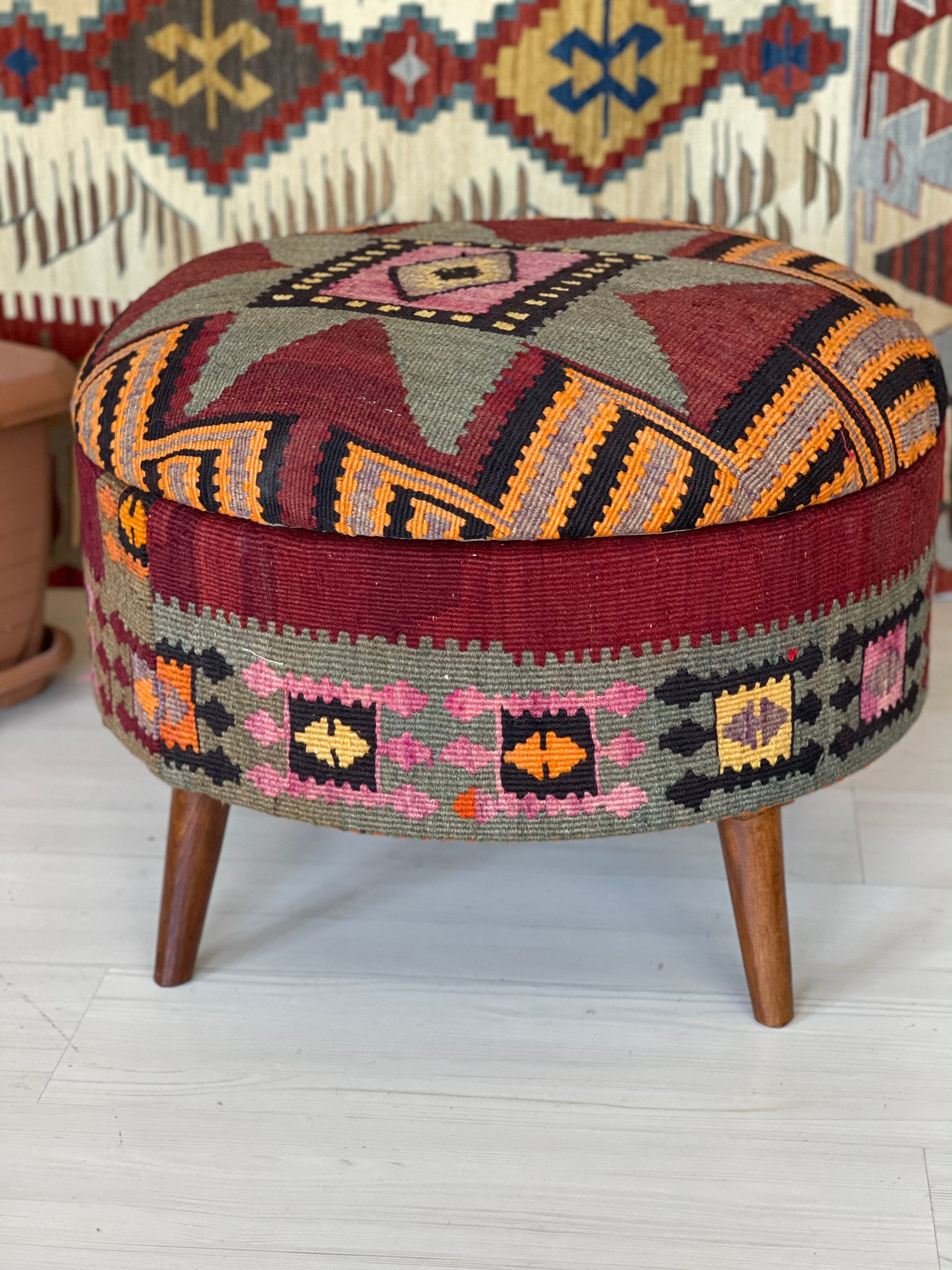 Kilim Ottoman Stool /kilim Ottoman/kilim Trunk /beech Wood Etsy