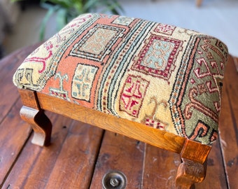 Vintage Rug Ottoman Stool, Beech Wood Foot Rest