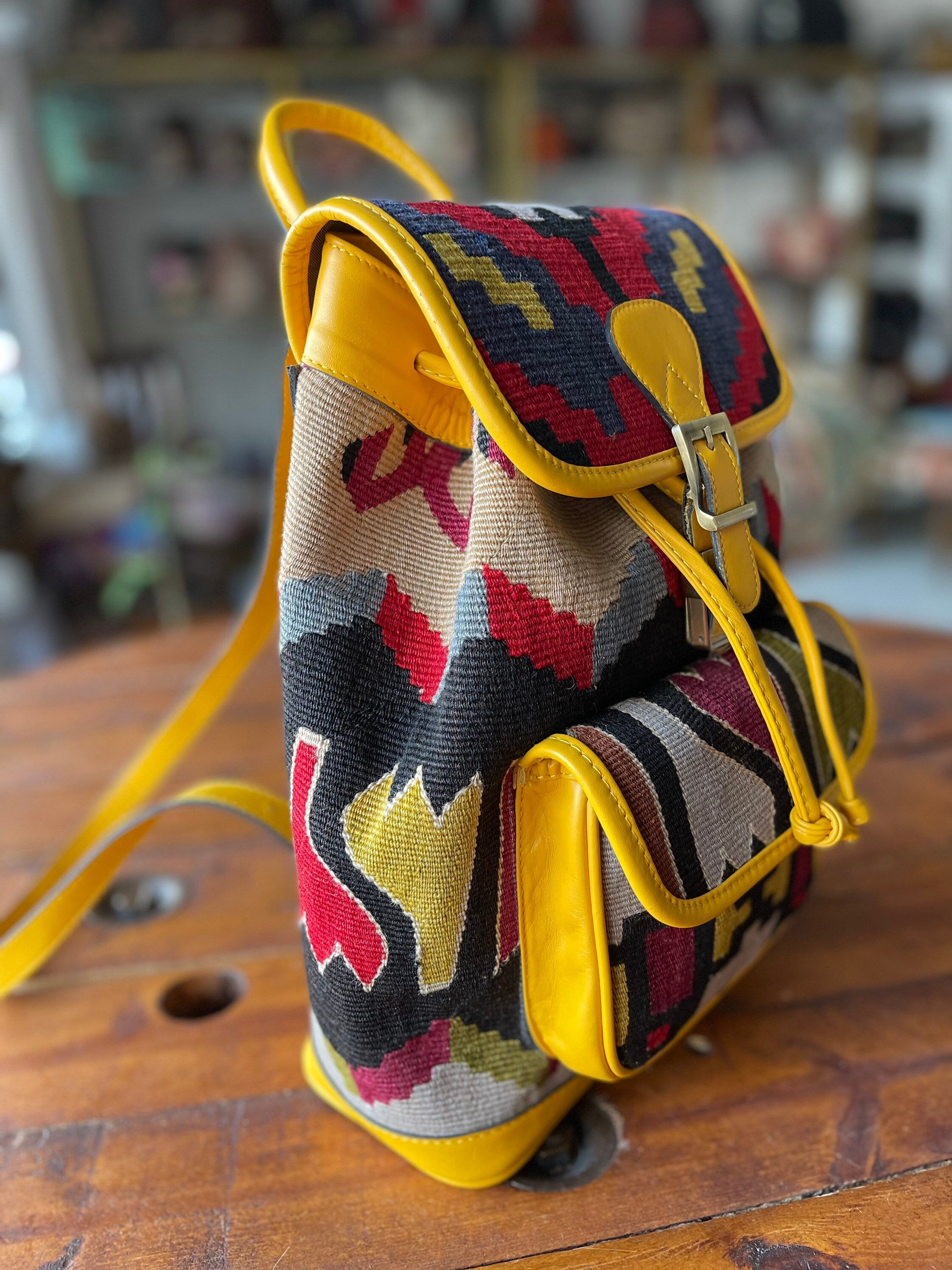 Handmade 100% Wool and Leather Colorful Kilim Rug Backpack