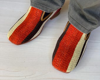Handmade Kilim Loafers Men, Vintage Leather Slip-Ons (US 8 / EU 41)