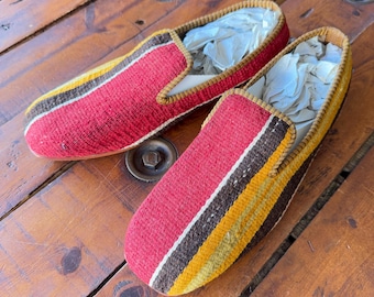 US 13 -Handmade Kilim Loafers Men's Shoes, Vintage Leather Slip-Ons