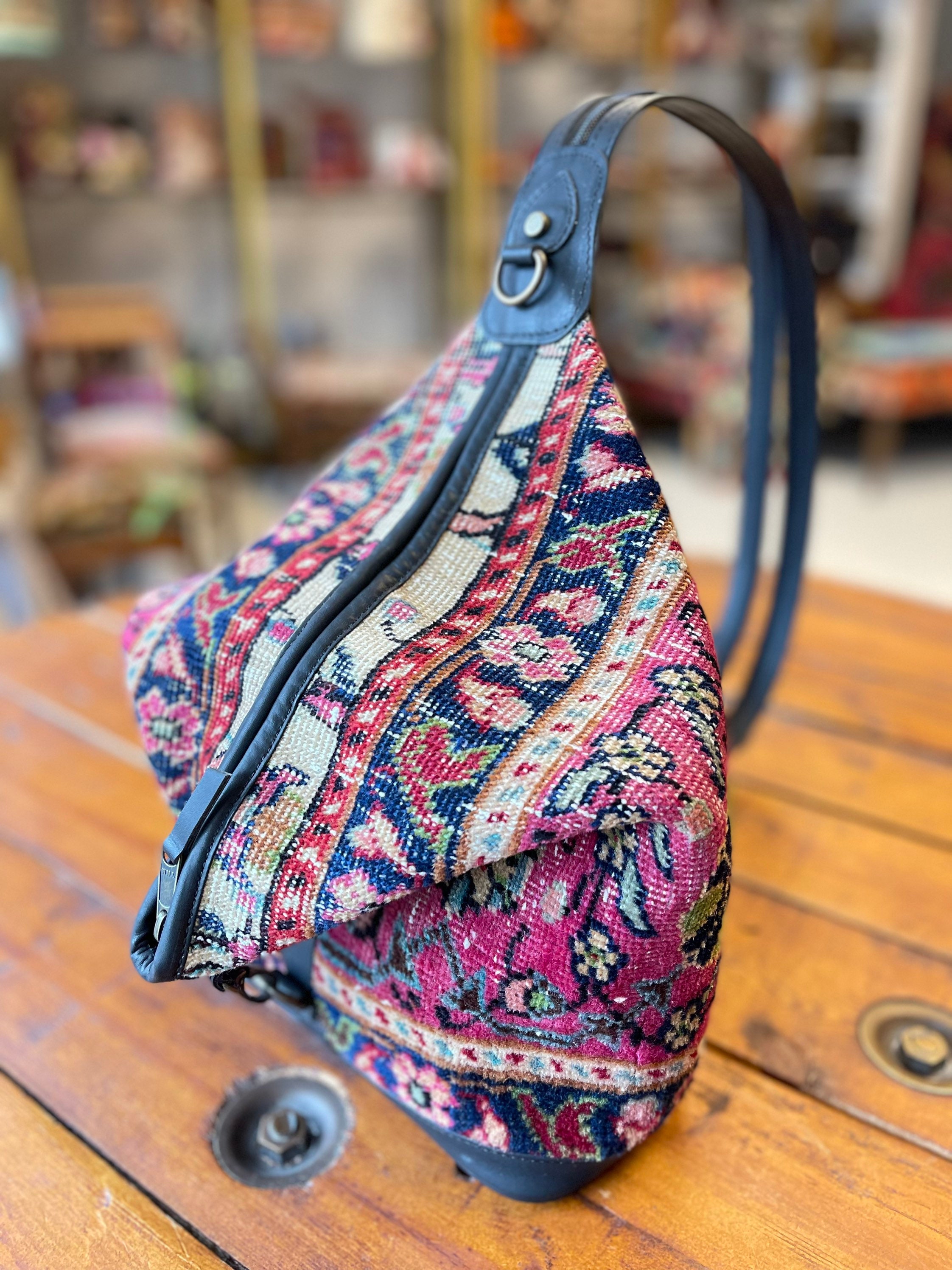 Vintage Wool Rug Backpack, Small Leather Knapsack, Boho  display picture 2