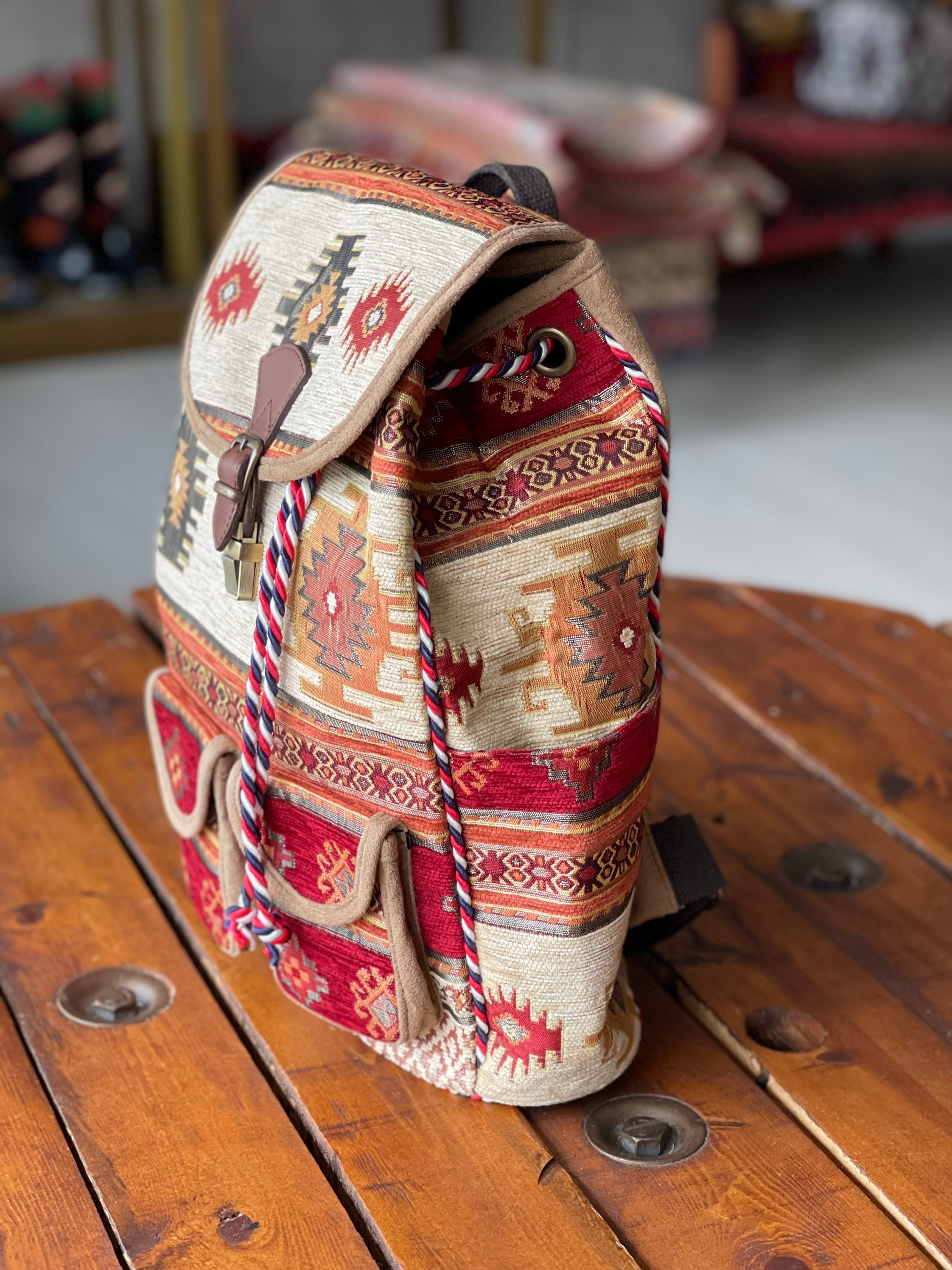 Bohemian Red and Yellow Patterned Backpack Turkish made with Kilim woven fabric il_fullxfull.3610066077_pp49.jpg main image 4