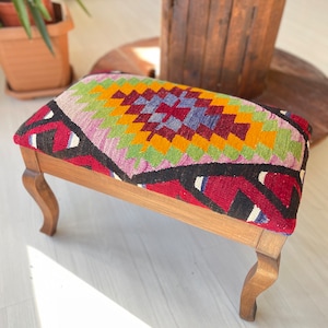 kilim Ottoman stool, Kilim foot rest, Beech wood stool, stool chair, Vintage furniture, Kilim chair, vintage kilim, kolim pouf