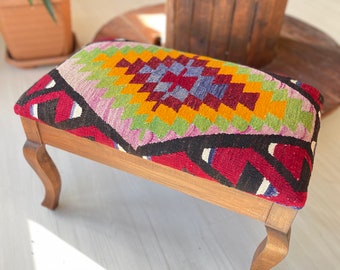 Vintage Kilim Ottoman Stool, Handmade Turkish Footstool, Boho Furniture, One of a Kind