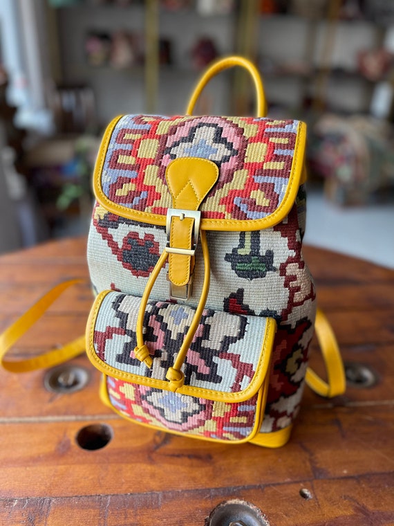 Vintage Kilim Backpack, Wool and Leather Knapsack, Unisex 