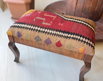 Vintage Kilim Ottoman Stool, Beech Wood Legs, Shellac Polish