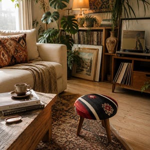 Vintage Kilim Stool, Round Ottoman Footstool, Handmade Turkish Accent Furniture, Boho Decor, Detachable Wooden Legs