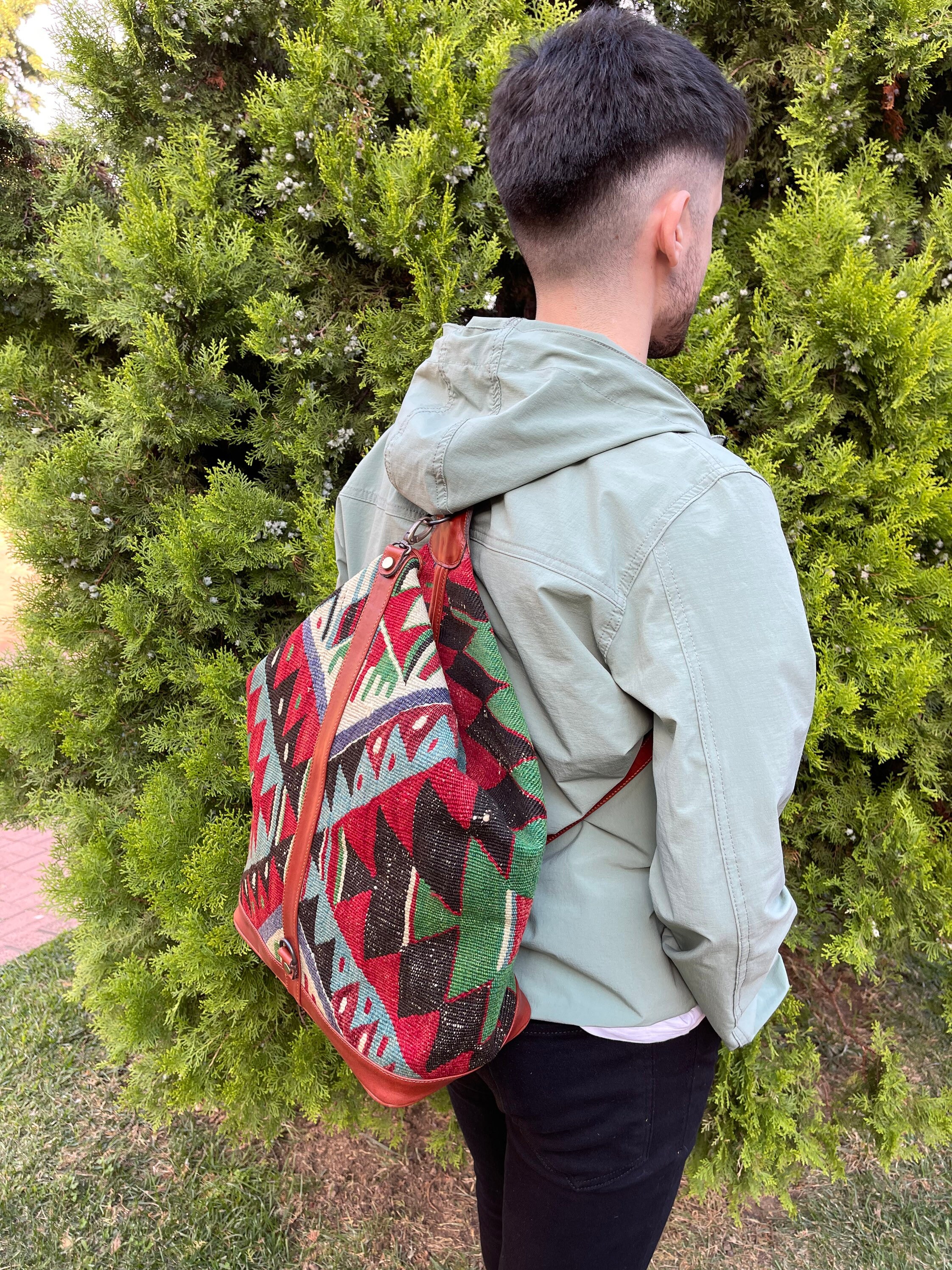 Large Vintage Kilim Backpack, Large Wool Leather Bag, Unisex  display picture 1