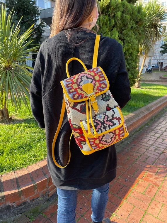Vintage Kilim Backpack, Wool and Leather Knapsack, Unisex  display picture 1