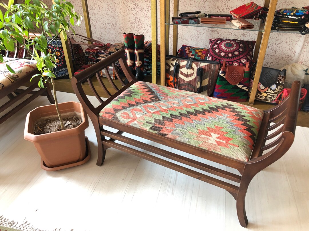 Kilim Ottoman Bench, Kilim Ottoman Stool, Kilim Pouf, Beech Wood Stool