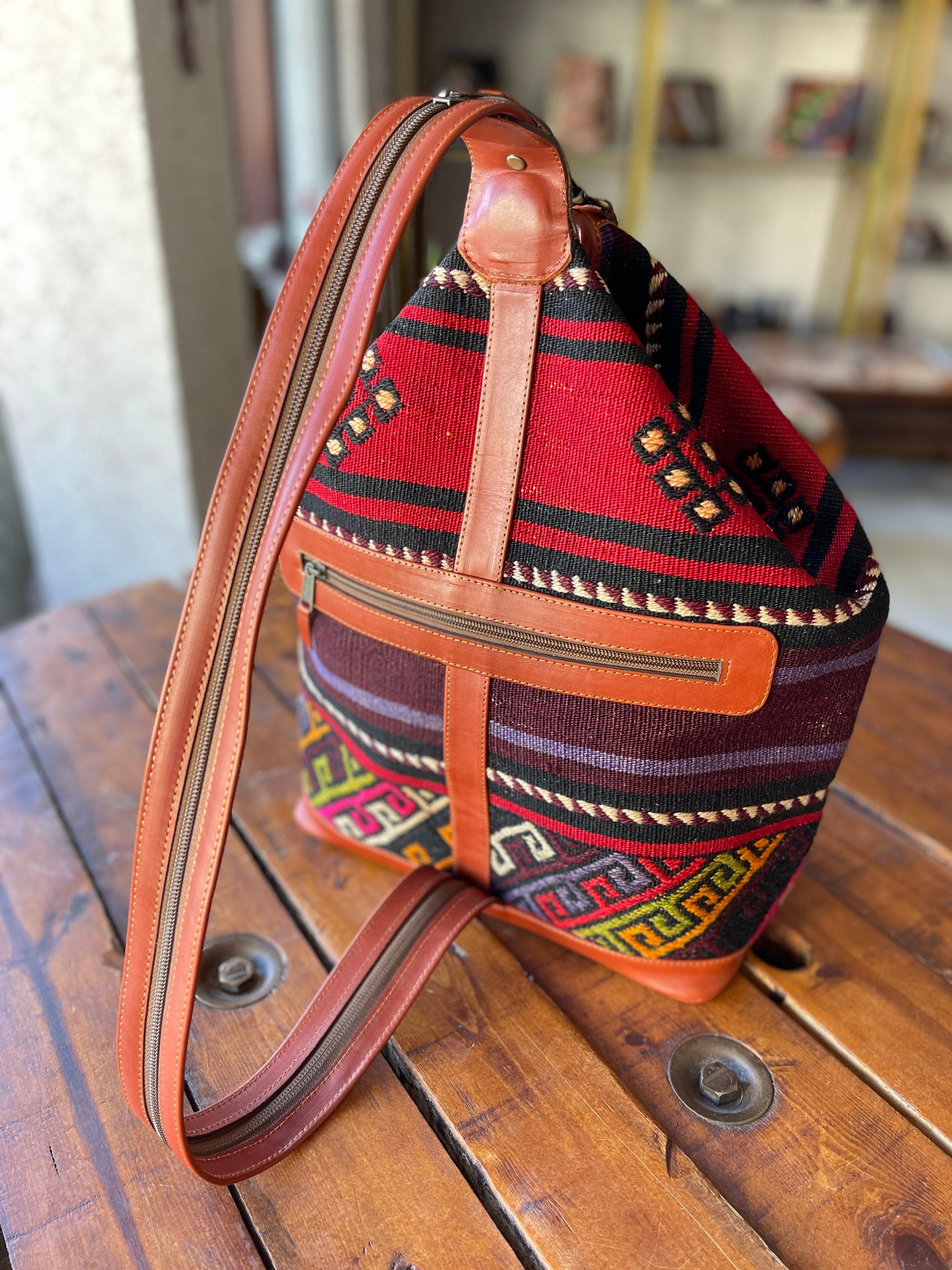 Vintage Kilim Backpack, Large Wool and Leather Bag, Unisex  display picture 1
