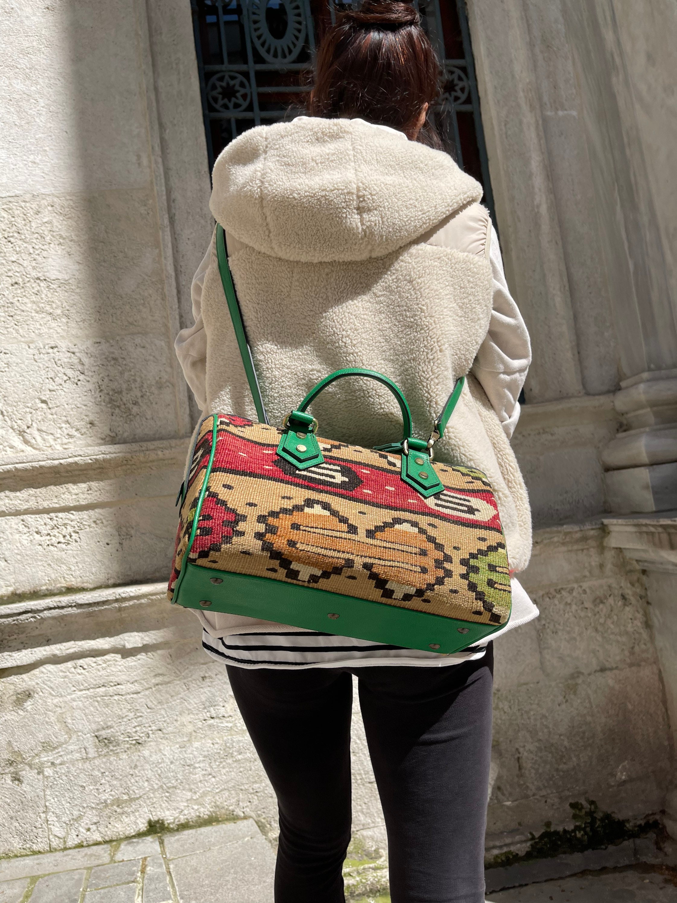 Vintage Kilim Boston Bag, Boho Handbag, Turkish Handmade Crossbody