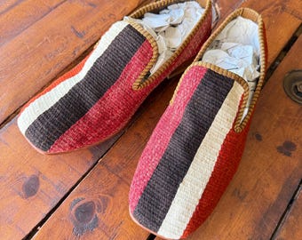 Handmade Kilim Loafers Men, Vintage Leather Slip-Ons (US 8 / EU 41)