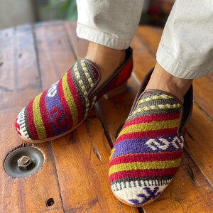 SIZE 40 /US 7,  All handmade  Kilim Shoes for men, Vintage Kilim shoes, Loafers Men shoes, Slip-on shoes men, Leather shoes men,