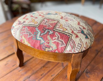 kilim Oval Ottoman stool, ottoman footstool, Kilim foot rest, Beech wood stool, Vintage furniture, Ottoman chair, Kilim pouf