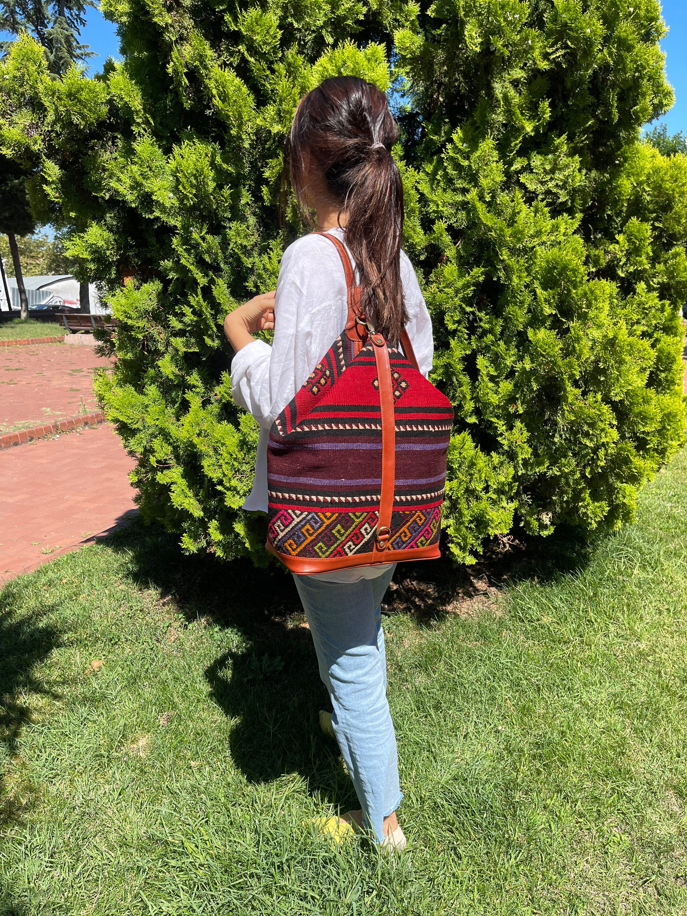 Vintage Kilim Backpack, Large Wool and Leather Bag, Unisex Knapsack Vintage Kilim Backpack, Large Wool and Leather Bag, Unisex  main image 4