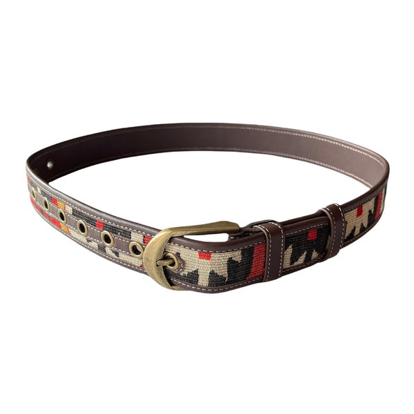 Vintage Kilim Leather Belt, Small, Unique Handmade Design