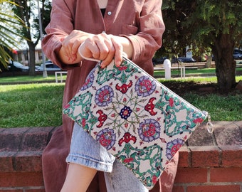 Gobelin Tapestry clutch bag with zippered, Gobelin clutch bag, Gobelin woven bag, Turkish traditional tiles Pattern, Gift for her