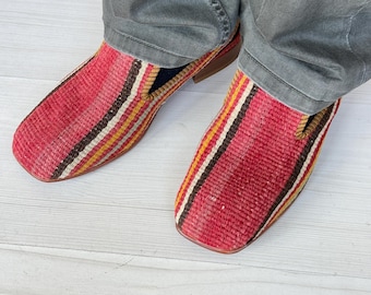 Handmade Kilim Loafers Men, Vintage Fabric & Leather Shoes (US 9 / EU 42)