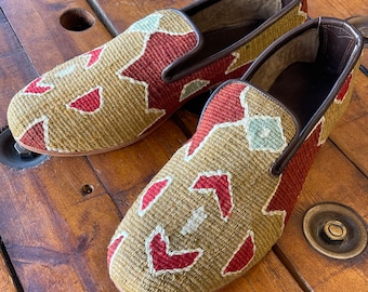 Mocassins Kilim feitos à mão, tecido vintage, calçados de couro sem cadarço, tamanho masculino 45/EUA 12