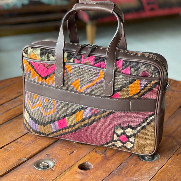 Vintage Kilim Leather Briefcase, Handmade Wool Business Bag