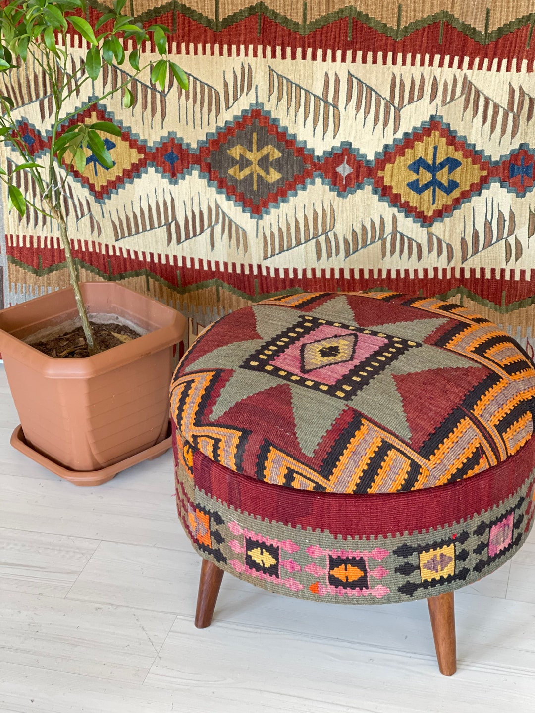 Kilim Ottoman Stool /kilim Ottoman/kilim Trunk /beech Wood Stool ...