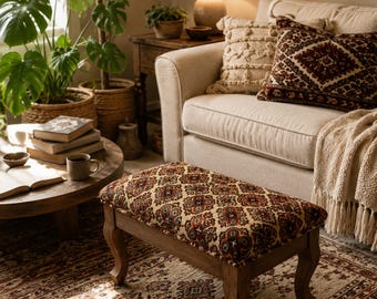 Vintage Kilim Ottoman Stool, Handmade Turkish Footstool, Wooden Accent Bench, Boho Home Decor