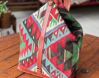 Vintage Handmade Ethnic Kilim Leather Large Backpack - Etsy display picture 1