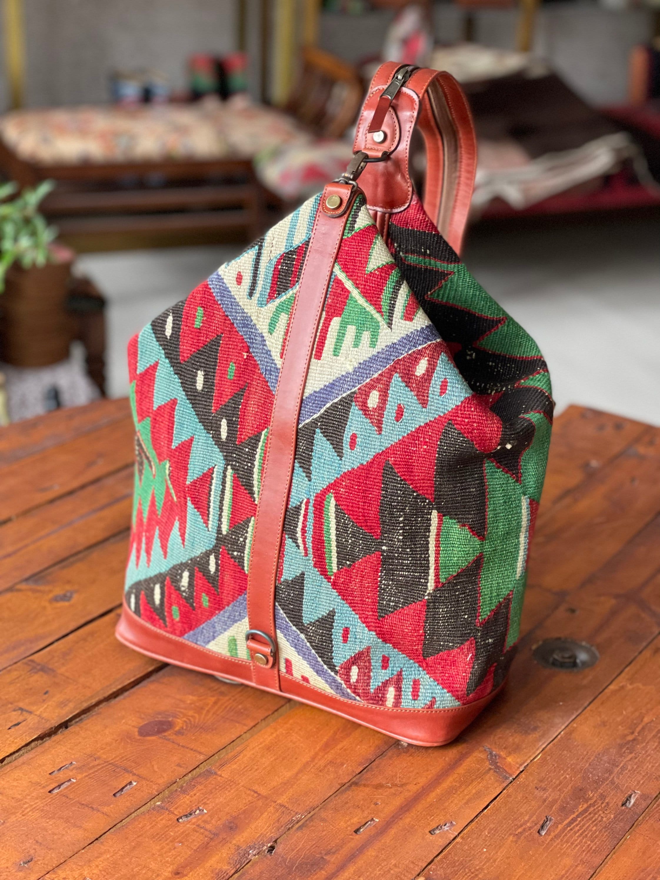 Large Vintage Kilim Backpack, Large Wool Leather Bag, Unisex  display picture 1