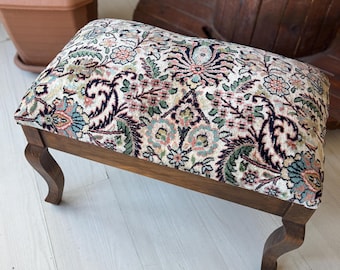 Vintage Carpet Stool, Beech Wood Ottoman, Foot Rest