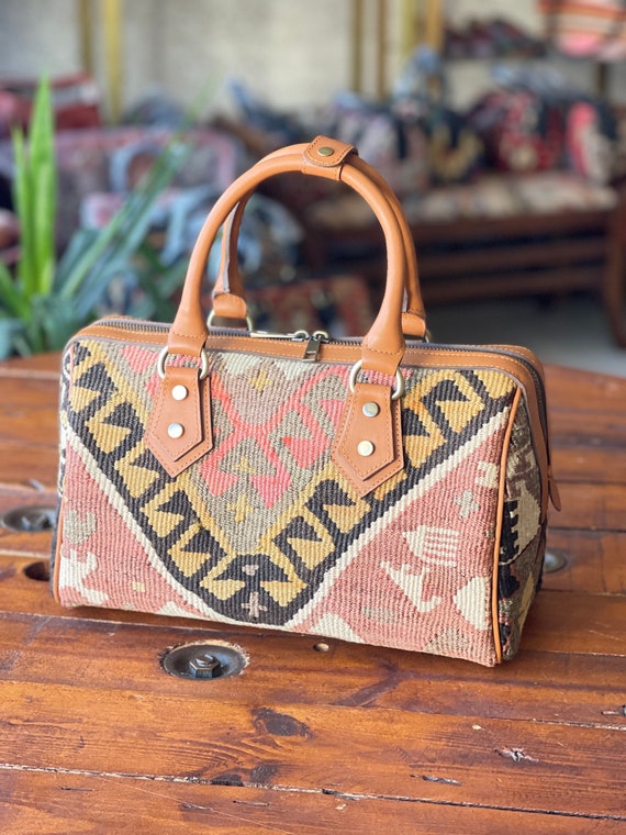 Vintage Kilim Boston Bag, Genuine Leather Boho Handbag - Etsy