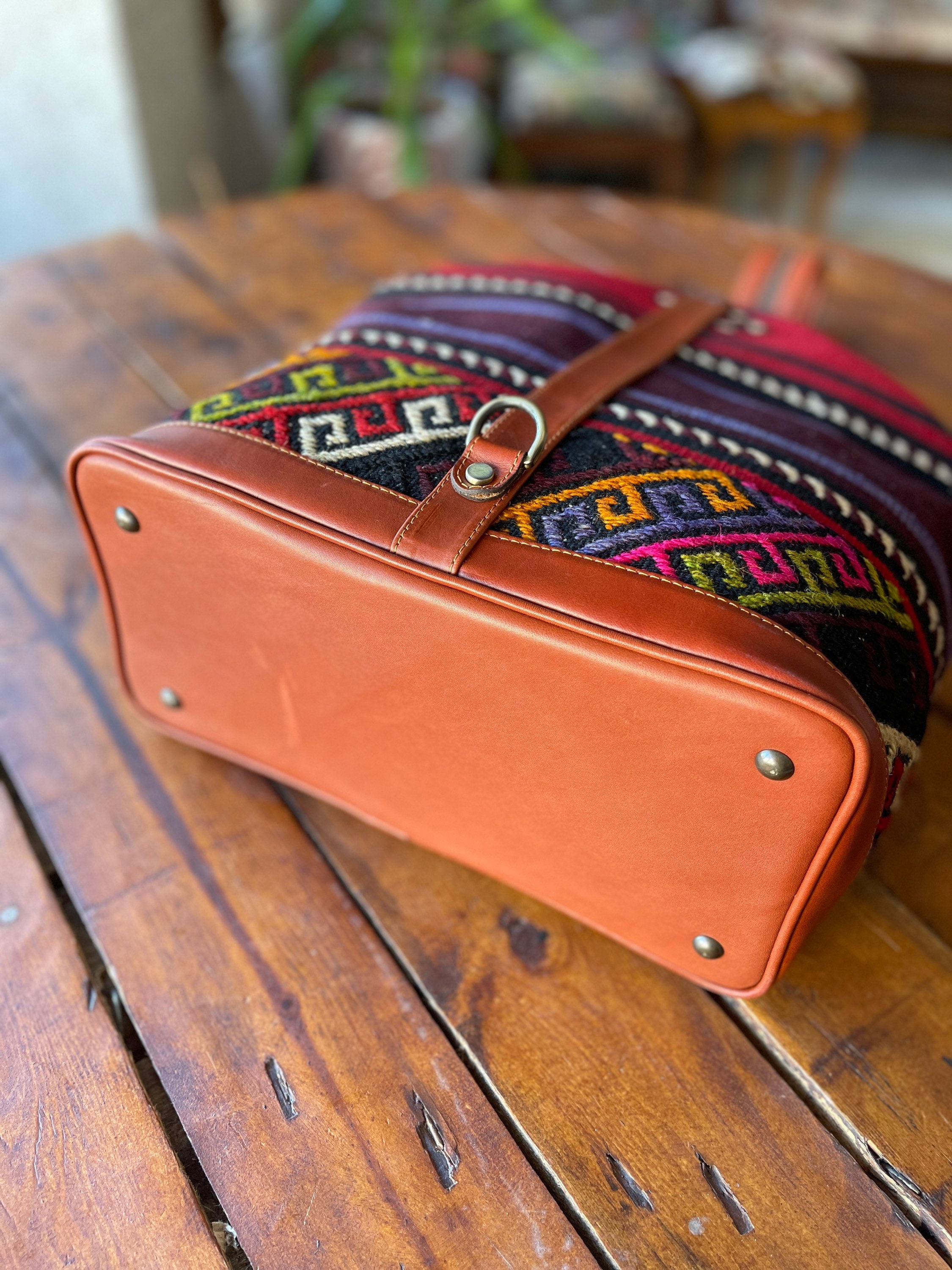 Vintage Kilim Backpack, Large Wool and Leather Bag, Unisex  display picture 2