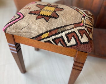 kilim Ottoman stool, Kilim foot rest, Beech wood stool,  Vintage furniture, Ottoman chair, Kilim chair